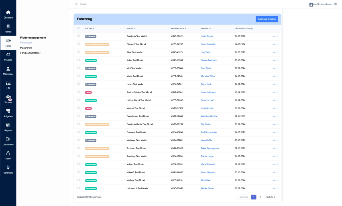 DigiConstruct Dashboard - Fahrzeugmanagement